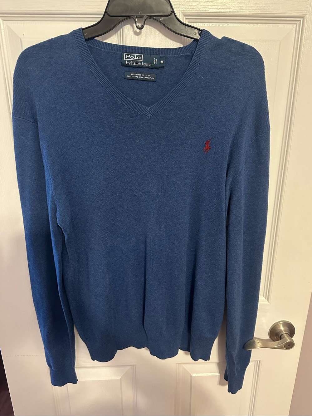 Ralph Lauren Pima Soft Cotton V-Neck Sweater Blue w/ Red Polo Logo Medium Men’s